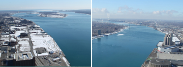 (Left Image): Looking north from Detroit towards Belle Isle, MI.  (Right Image): Looking south from Renaissance Center in Detroit.