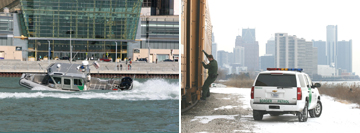 (Left Image): Detroit agents conducting marine patrol on the station SAFE boat. (Right Image): Detroit agent conducting freight train check.
