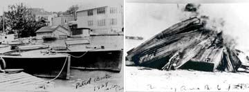 Historical photo of patrol boats in Marine City, MI. (Right Image): Historical photo of seized rum boats being burned in Marine City, MI.