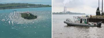 (Left Image): Boating traffic on the St. Clair River. (Right Image): Marysville agents conducting marine patrol on the station SAFE boat.