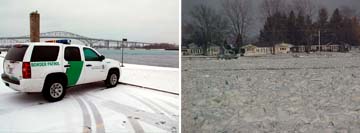 (Left Image): Looking towards Canada near the Blue Water Bridge. (Right Image): Looking across the frozen St. Clair River to Canada.