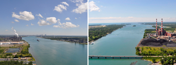 (Left Image): Looking north towards Detroit from Wyandotte, Michigan. (Right Image): Looking south towards Lake Erie from Gibraltar, Michigan.
