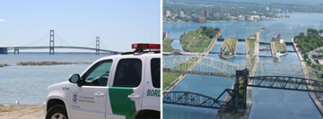 (Left Image): Mackinac Bridge leading to Michigan's Lower Peninsula. (Right Image): View of Canada looking across the Soo Locks.