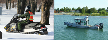 (Left Image): Sault Ste. Marie agent conducting snowmobile patrol. (Right Image): Sault Ste. Marie agents conducting marine patrol on the station SAFE boat.