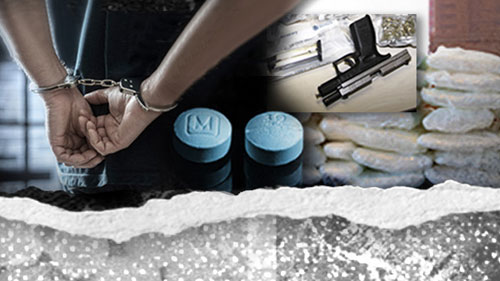 Drugs collage with man in handcuffs, fentanyl pills and handgun.