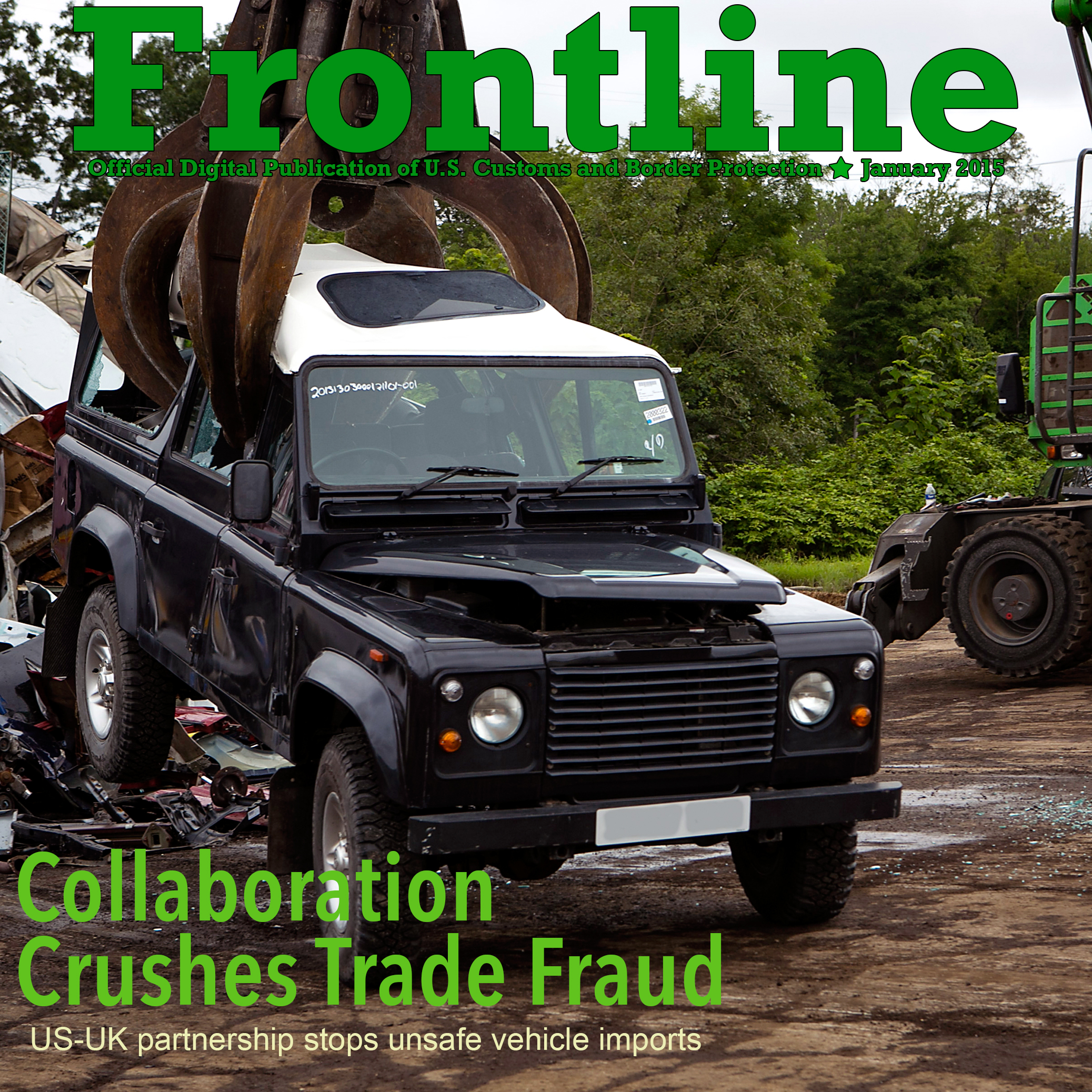 Magazine cover photo of Land Rover being crushed