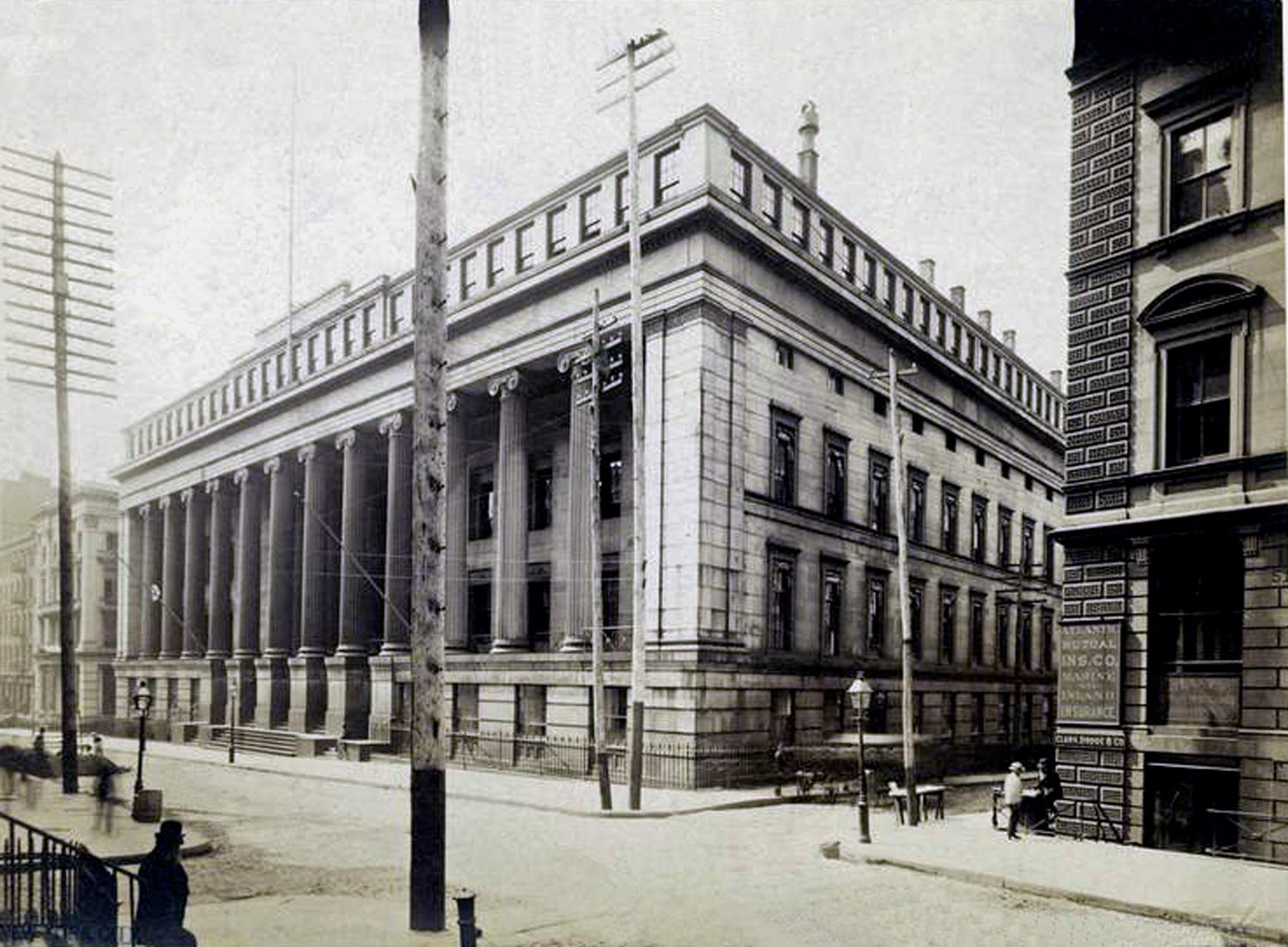 New York Custom House at 55 Wall Street.The offices of the collectors of customs were located in this building during the period Herman Melville worked as a customs inspector. Melville spent his working days as an inspector on the "outside" on various of the wharves that lined the North River (now the Hudson River). He and his partner(s) were responsible for renting their own "office" space to accommodate themselves and their equipment. When asked how he had managed to retain his job through many changes of administration, Melvill replied that he seldom made an appearance at the Wall Street customhouse -- in other words, the politicians forgot about the quiet, withdrawn older man toiling dutifully under adverse conditions that eventually broke his health and mental stability.