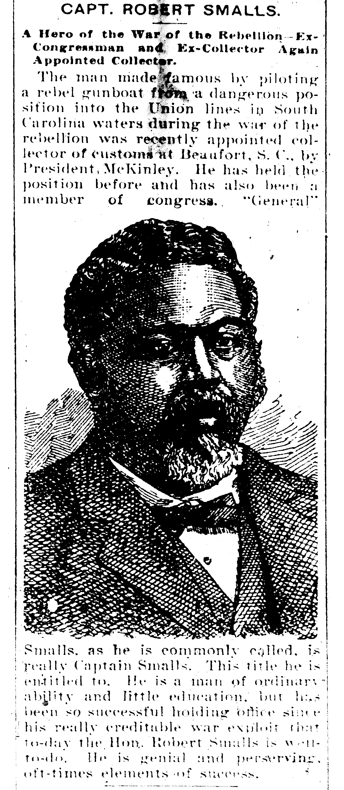Robert Smalls' reappointment is announced in the Cleveland Gazette.