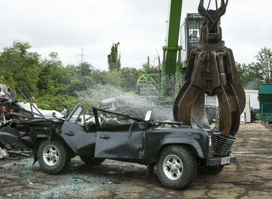 Photo of a fraudulent Land Rover Defender being destroyed in August 2013.