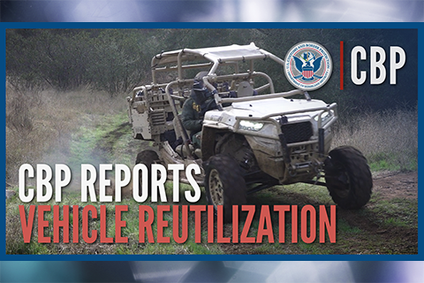 CBP Reports equipment resuse with a DOD vehicle driving across desert.
