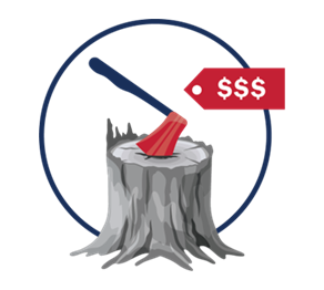 tree stump with an axe in it and three red dollar signs to represent illegal logging