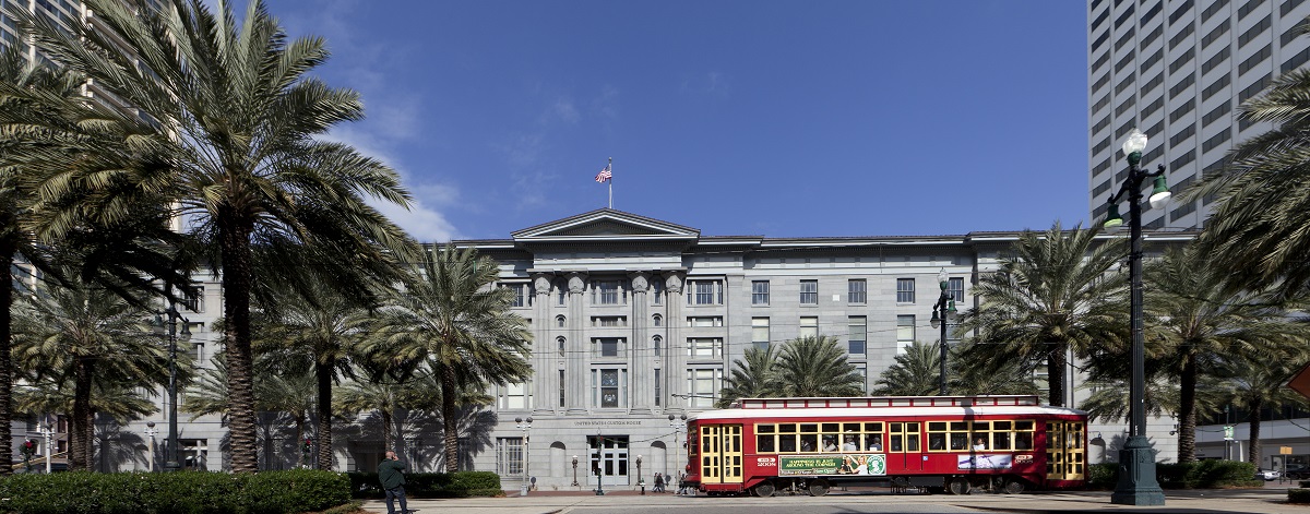The exterior of the historic New Orleans Custom House at its reopening following repairs to damage caused by Hurricane Katrina.