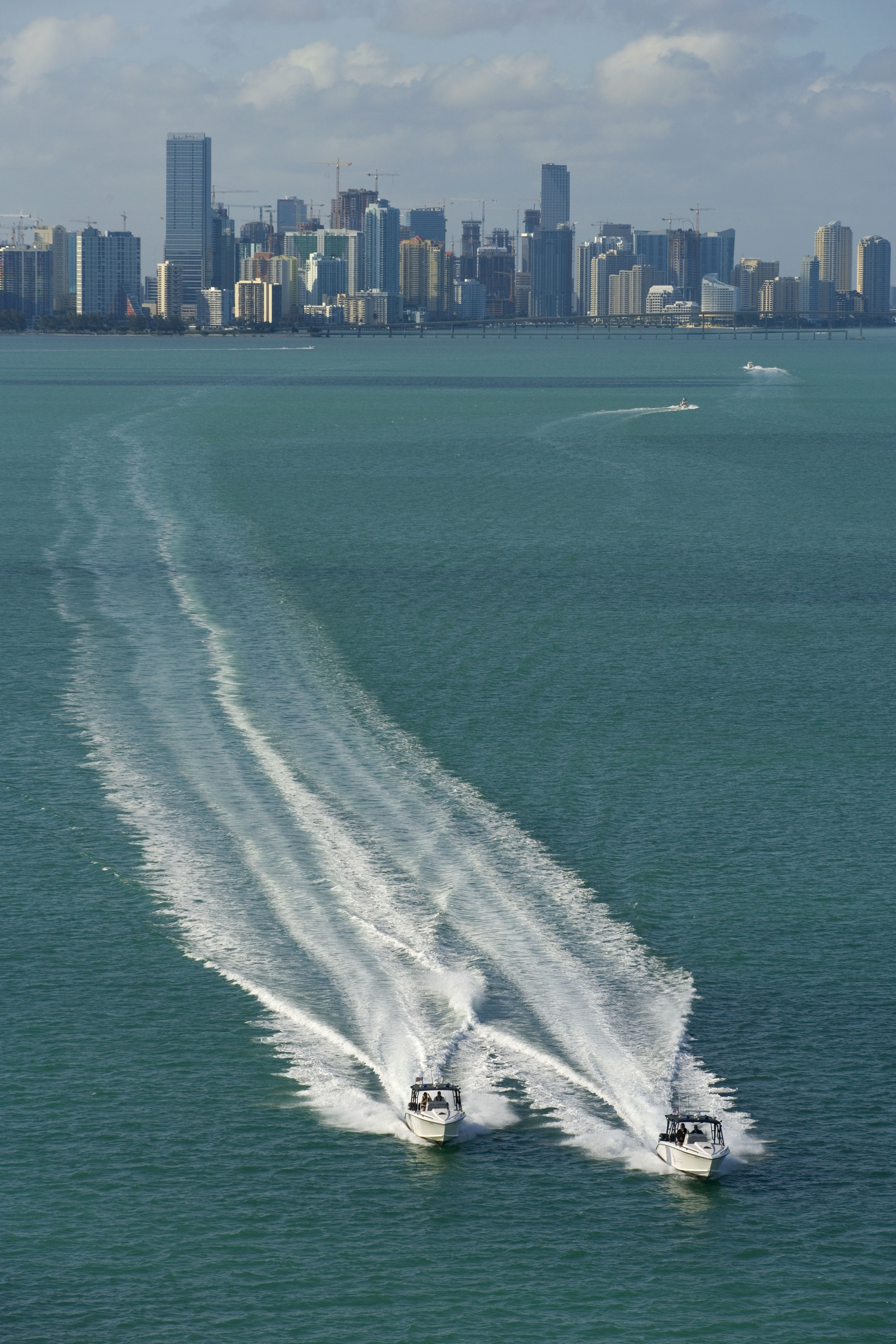 Two CBP marine unit Midnight Express boats patrol the waters off Miami.