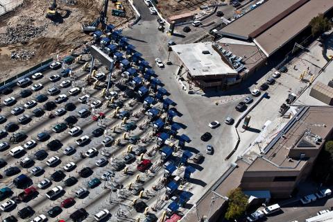 Cars line up at the CBP inspection station at San Ysidro, Calif.
