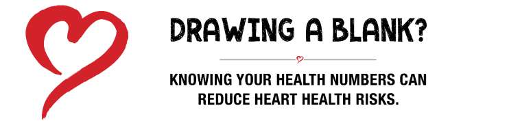 Heart with text to the right of it that reads Drawing a Blank? Knowing Your Health Numbers Can Reduce Heart Health Risks