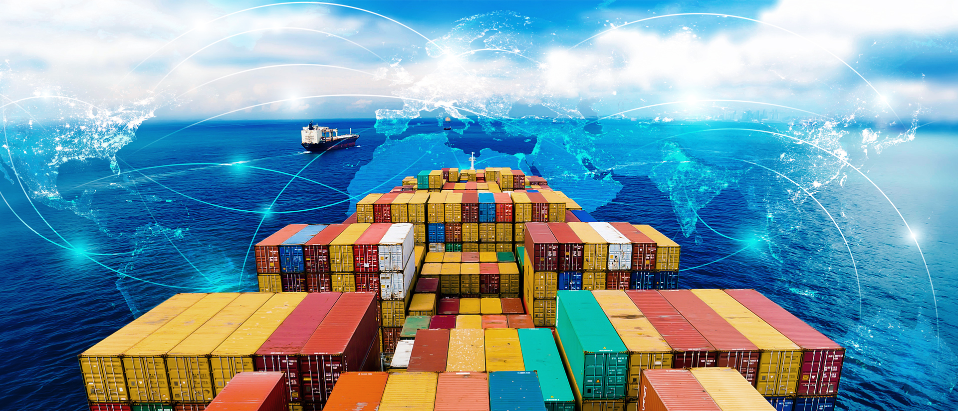 Ship transporting shipping containers with a transparent background of a world map.