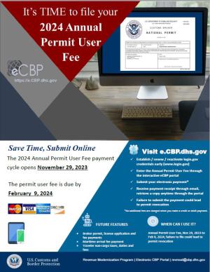 Flyer showing information about the 2023 eCBP Annual Permit User Fees information. 