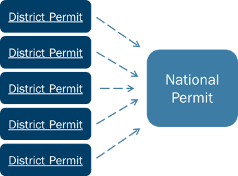 Infographic image. On the right are 5 blue boxes that all say "District Permit" in them. The five blue "District Permit" boxes have arrows next to them pointing to a larger blue box that says "National Permit" 