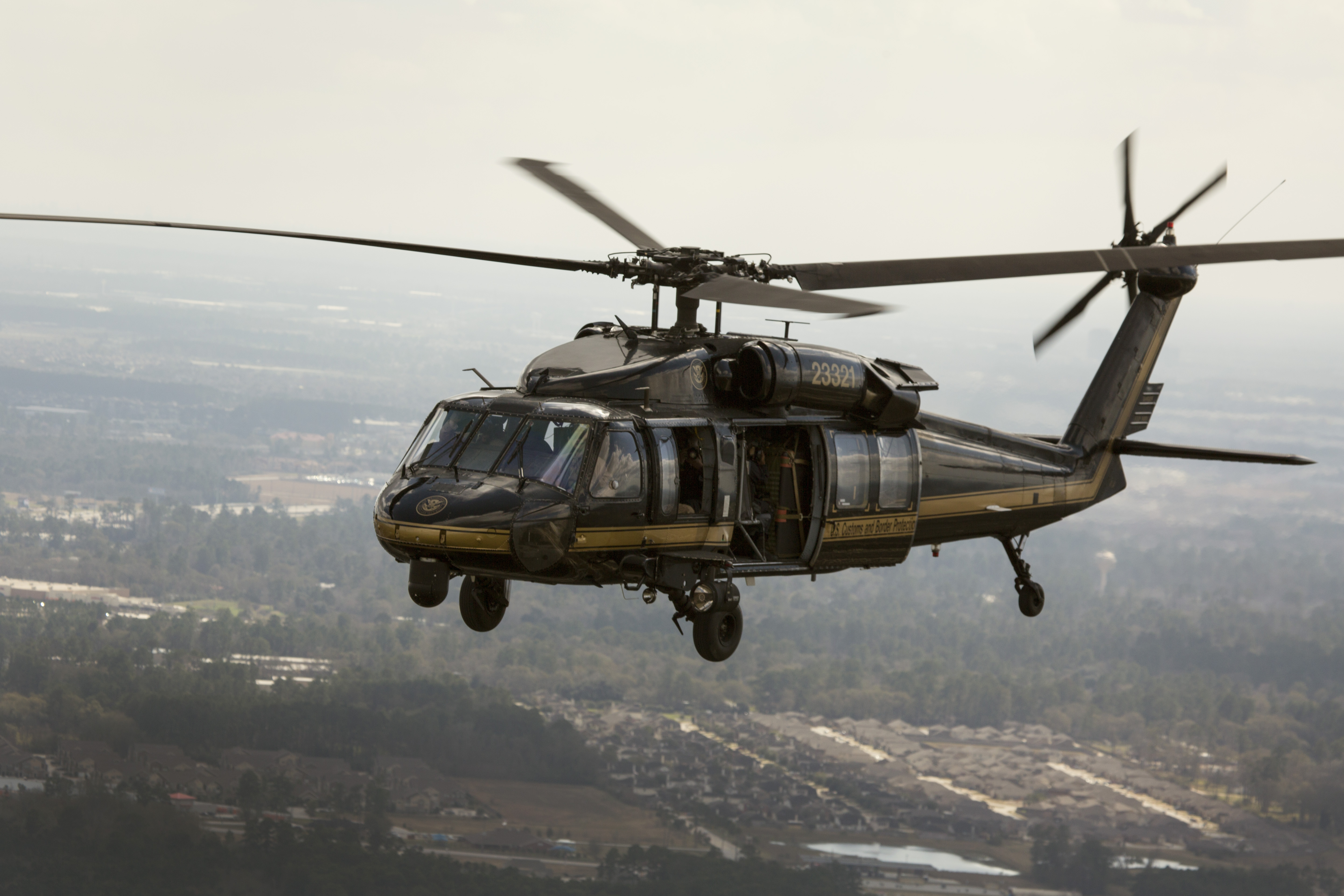 A CBP Black Hawk helicopter flies near Conroe, Texas.