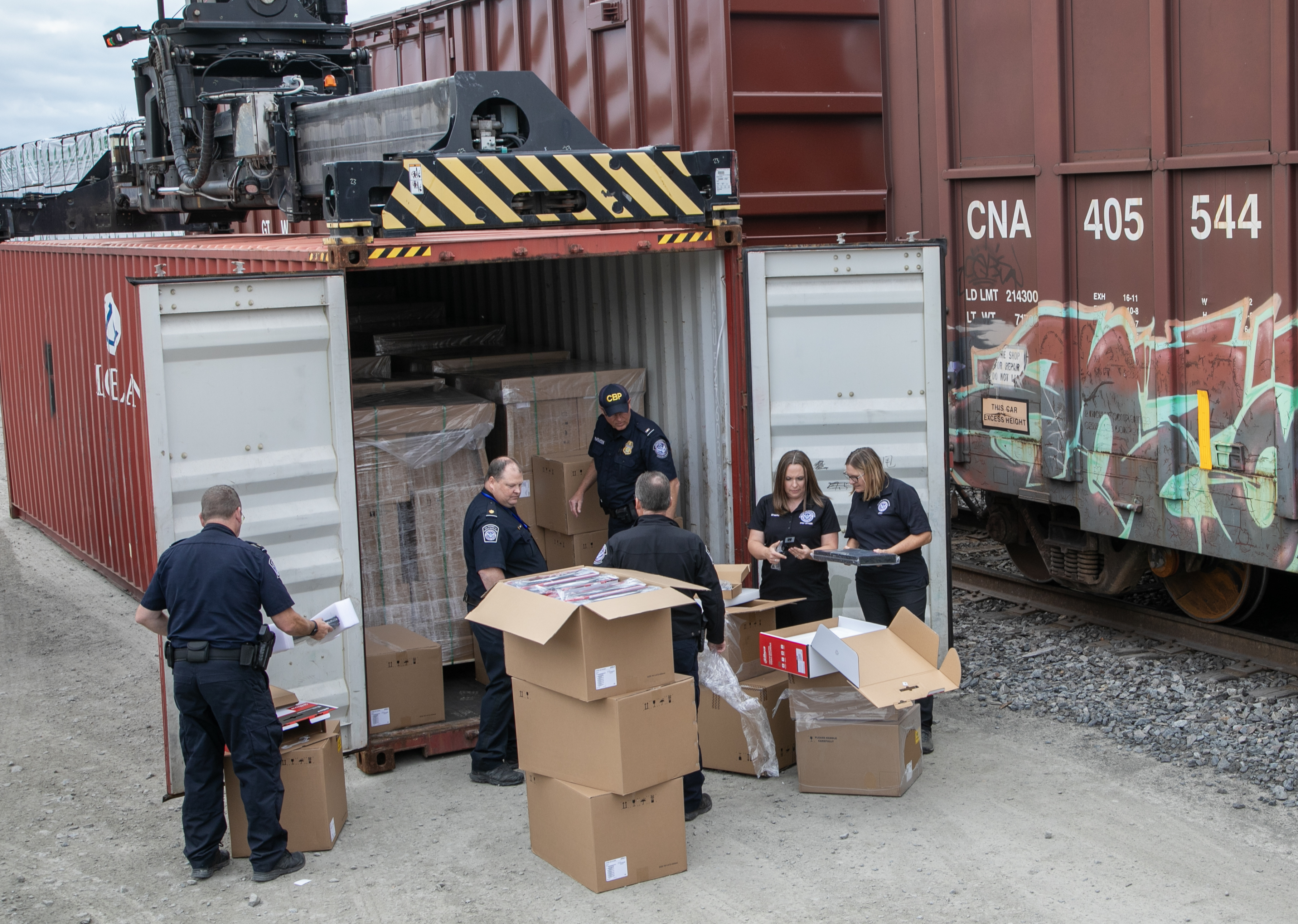 A Special Operation inspecting cargo at port of International Falls, Minnesota rail yard. 