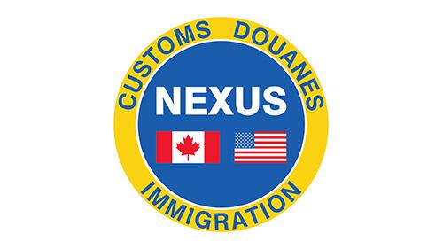 Customs Douanes Nexus logo with Canadian and US flag. Links to Nexus Trusted Traveler Programs