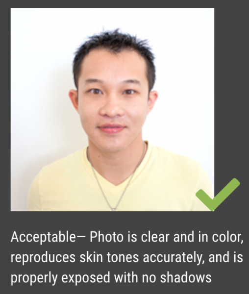 Example passport photo. Acceptable - photo is clear and in color, reproduces skin tones accurately, and is properly exposed with no shadows