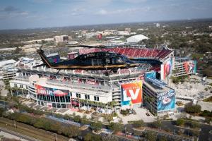 An Air and Marine Operations UH-60 Black Hawk helicopter and crew from Miami patrol the airspace over Raymond James Stadium in Tampa, Florida, in advance of Super Bowl LV. Photo by Jerry Glaser