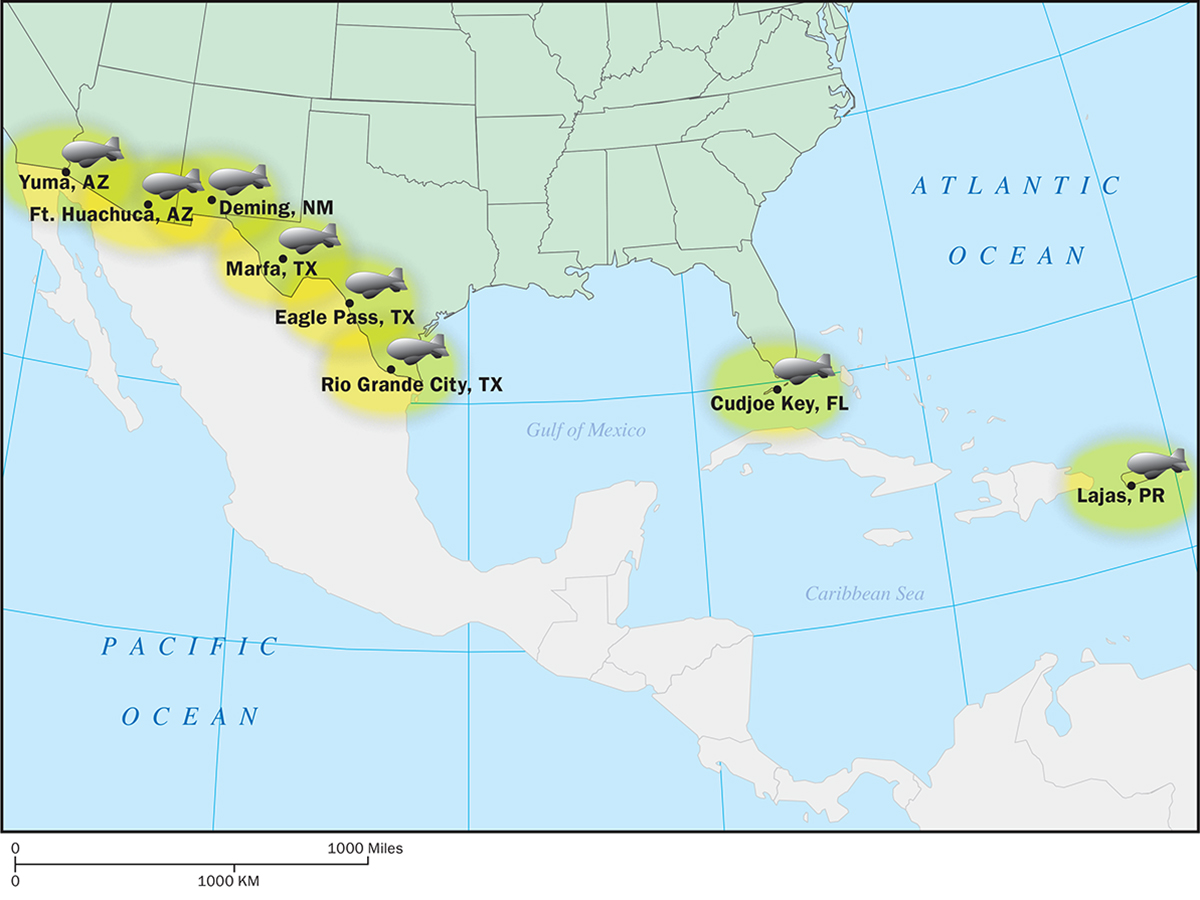 Illustration Of TARS on the Southwest border to overlap coverage and detect illegal activity
