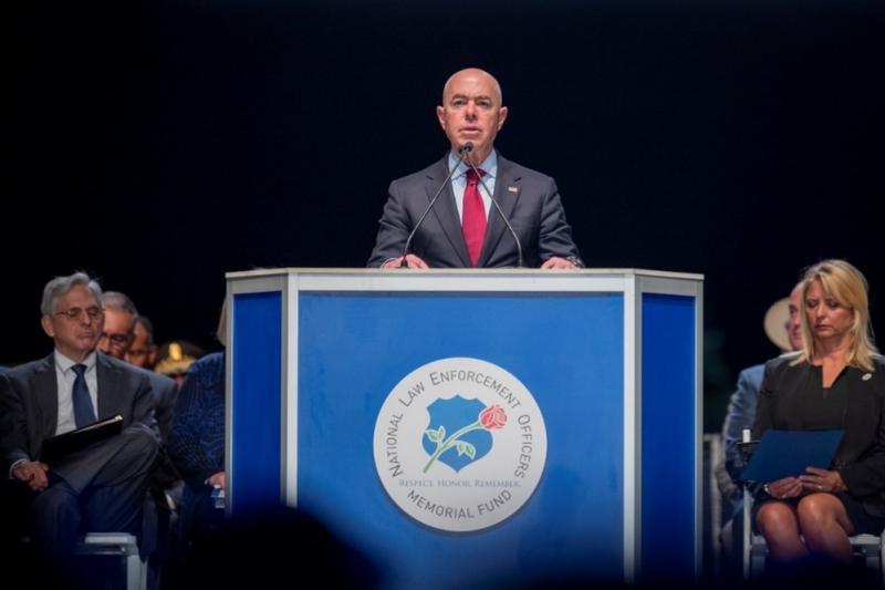 U.S. Department of Homeland Security Secretary Alejandro Mayorkas addresses thousands of law enforcement personnel, family, and friends who attended the 33rd Annual Candlelight Vigil held on the National Mall in Washington, D.C., on Oct. 14, 2021. 