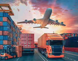 Overlay image with colorful cargo shipping containers, orange truck, and plane in air. Sunset in background.