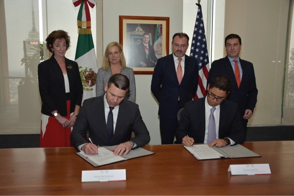 CBP Commissioner Kevin. K. McAleenan and Chief of Mexico Tax Administration Service Osvaldo Santin signed agreements to ensure better cooperation on trade issues in Mexico City, March 26. Also pictured (back row, left to right) Former U.S. Ambassador to Mexico Roberta Jacobson, Secretary of Homeland Security Kirstjen M. Nielsen, Mexico Secretary of Foreign Affairs Luis Videgaray Caso and Mexico Ambassador to U.S. Gerónimo Gutiérrez. DHS photo by Jetta Disco