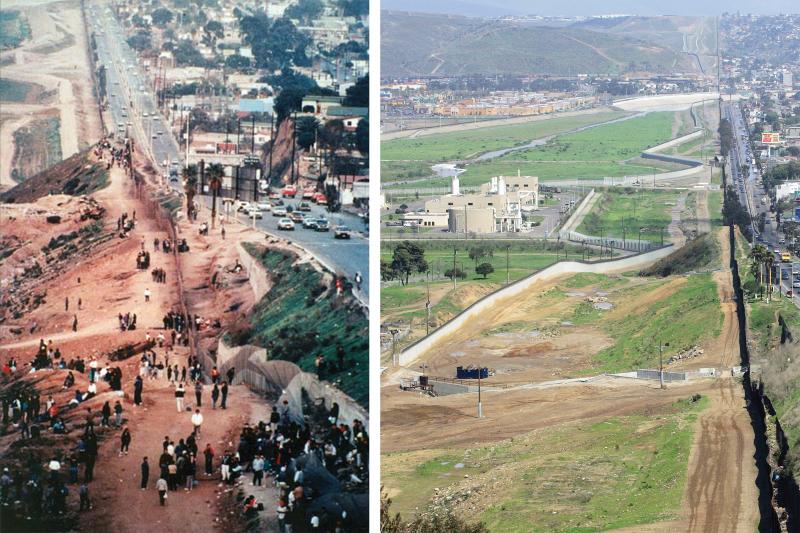 Image on the left, in the early 90s, illegal immigrants pour across the border en masse from Mexico into the U.S.; Image on the right, today's border infrastructure system provides a much more effective deterrence to illegal crossings.