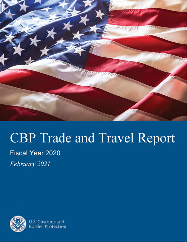 CBP FY2020 Trade and Travel Report - Background is an American flag in top half with blue in the bottom half