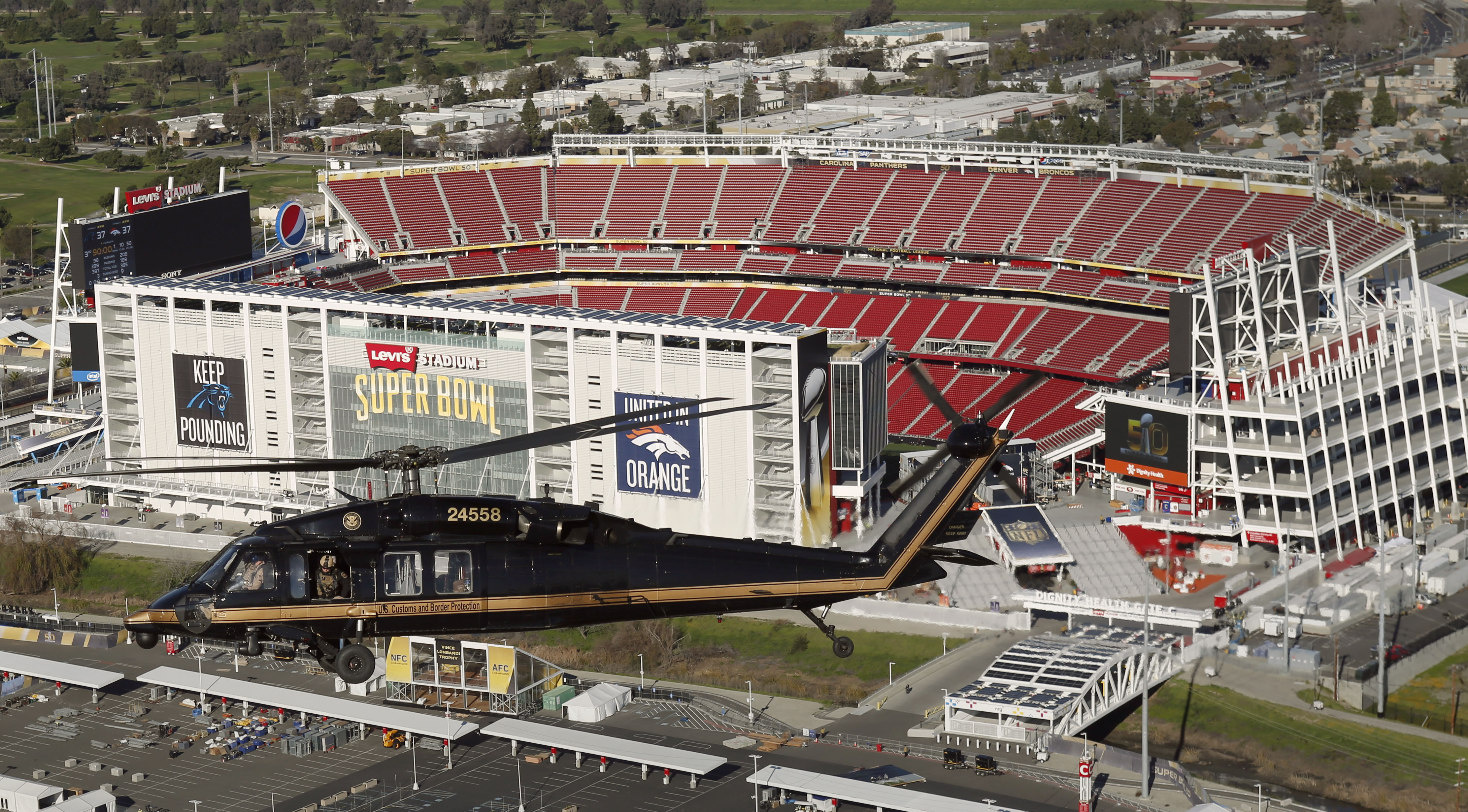 Photo of a CBP Blackhawk above Levi's Stadium, site of Super Bowl 50