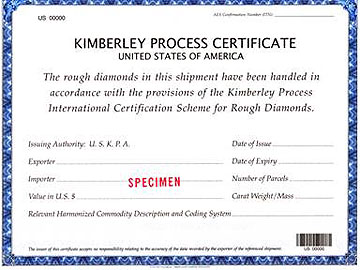 Official Kimberley Process Certificate issued by the United States -- each member nation has its own process certificate.