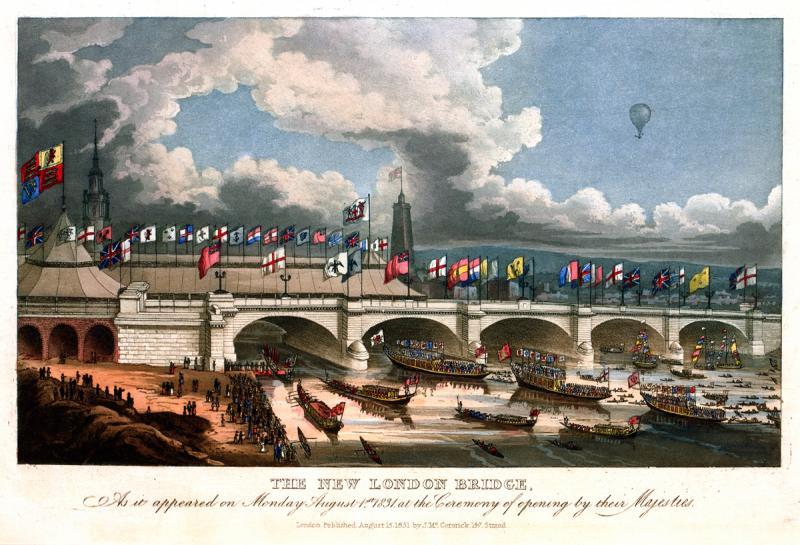 London Bridge across the Thames River in England on its first opening day, August 1, 1831. 