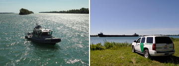 (Left Image): Gibraltar agents conducting marine patrol on the station SAFE boat. (Right Image): Looking towards Canada across the Detroit River.