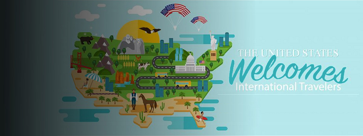 Map of United States, text that reads the United States Welcomes International Travelers
