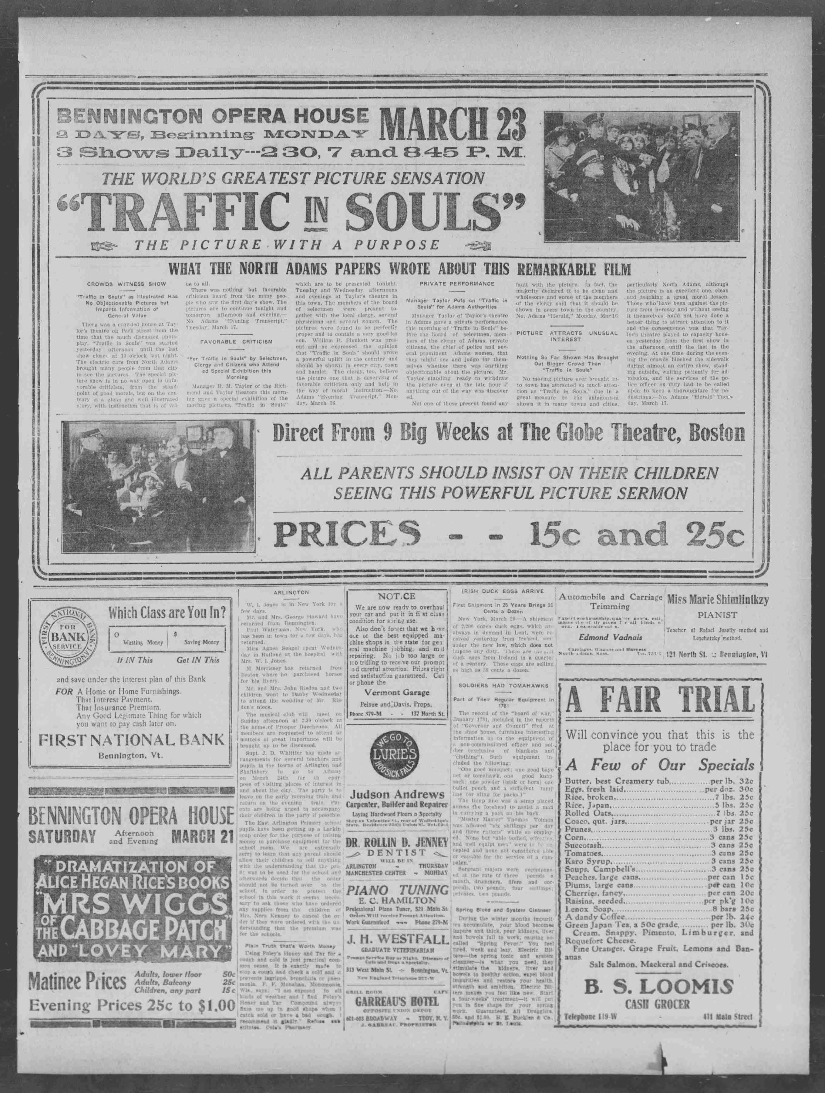 This advertisement for the screening of “Traffic in Souls” appeared in a Bennington, Vt., newspaper.