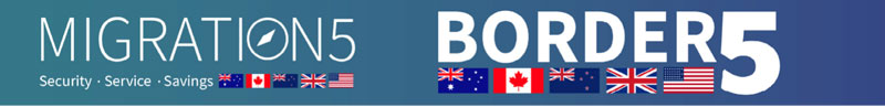 Border 5 - Migration 5 banner with the words service, security, strategy and the flags of the U.S., U.K, Australia,  New Zealand, and Canada