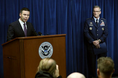 Commissioner McAleenan talks with the Media. General O'Shaughnessy of U.S. Northern Command stands next to him