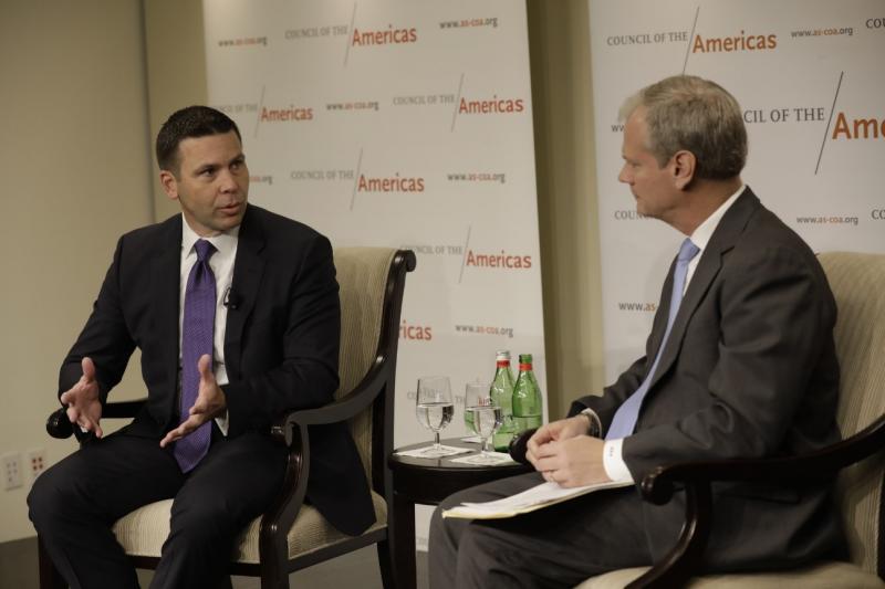 Commissioner Kevin K. McAleenan answers questions from Eric Farnsworth, vice president of Americas Society/Council of the Americas, during a forum Friday at the Carnegie Endowment for International Peace in Washington, D.C. Photo by Glenn Fawcett