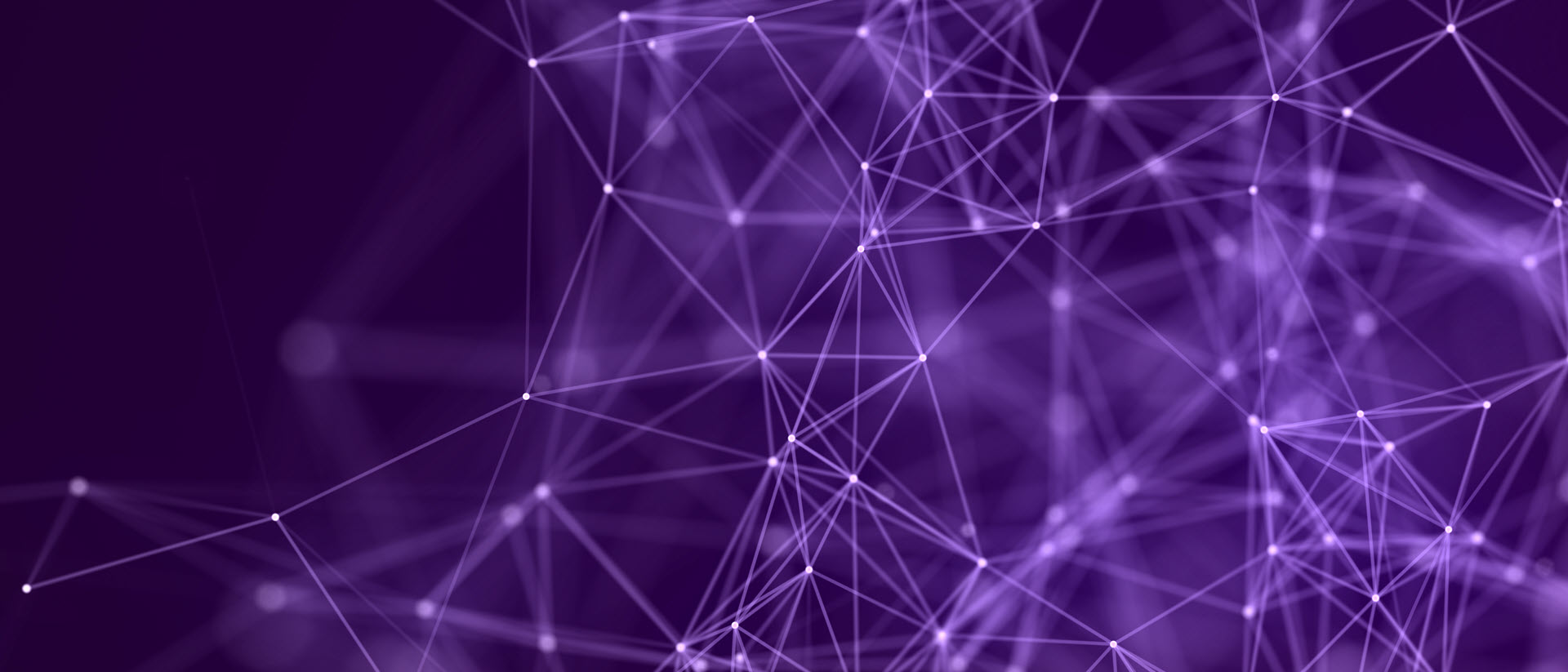 Image of data nodes connected in a virtual environment on purple background.
