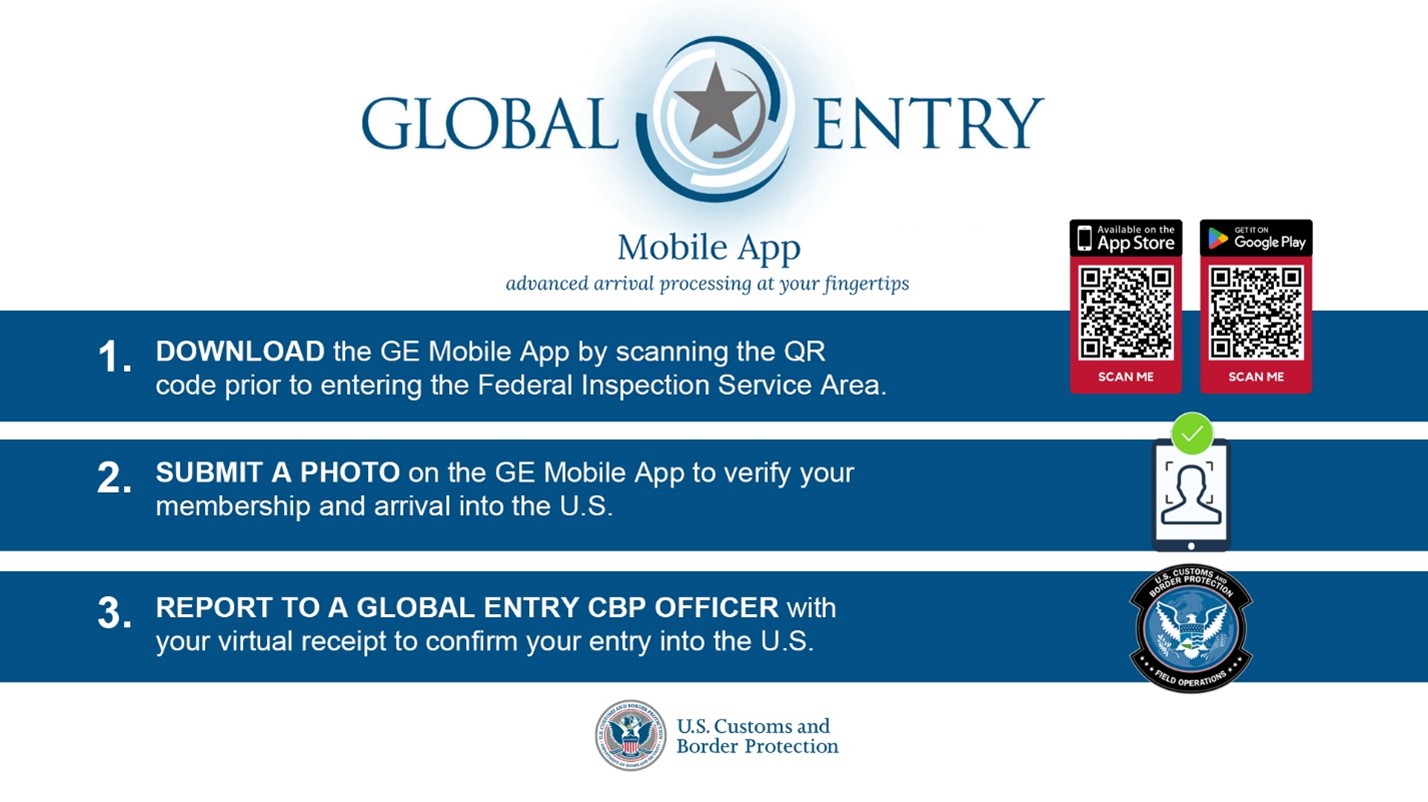 Global entry seal with QR codes to download the application and a description of how to use the app to enter the United States.