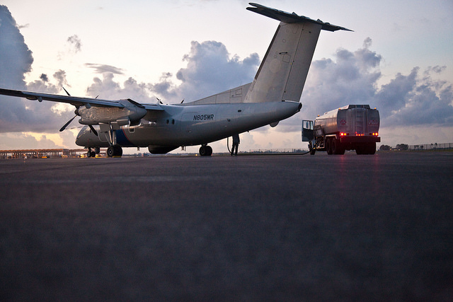 A CBP Air and Marine Operations DHC-8 aircraft gets fueled up before departing the Miami Air and Marine Branch destined for Puerto Rico Friday September 22.