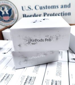 U.S. Customs and Border Protection officers seized about $290,000 in counterfeit Apple AirPods and Apple Watches at Washington Dulles International Airport on March 29, 2023.