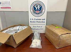 U.S. Customs and Border Protection officers at Washington Dulles International Airport intercepted a 70-pound load of a newer cathinone analogue with effects similar to amphetamine from China on June 26, 2023, that was destined to an address in Washington, D.C.