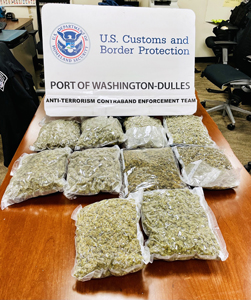 Customs and Border Protection officers seized more than 10 pounds of marijuana in a passenger’s luggage at Washington Dulles International Airport on October 18, 2022, that was destined to Nigeria.