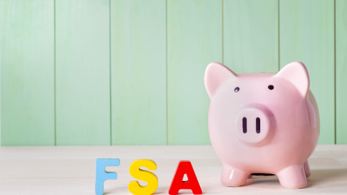 Flexible Spending Account FSA concept with pink piggy bank, wood block letters and green background
