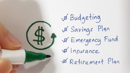 Financial wellness, planning and management. Budgeting, savings plan, emergency fund insurance and retirement plan 